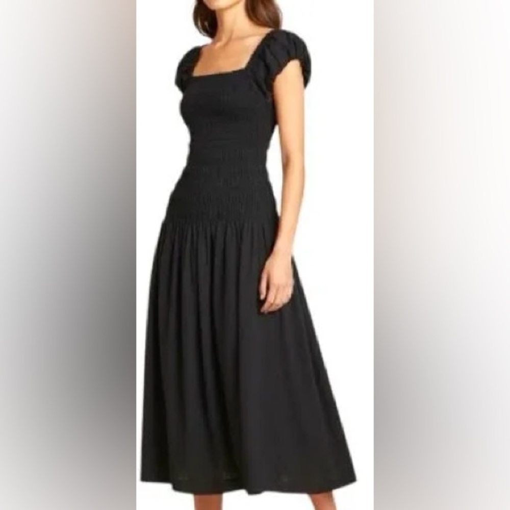 CAROLINE CONSTAS Black Shirred Short Puff Sleeve Long Dress Small S NEW NWT